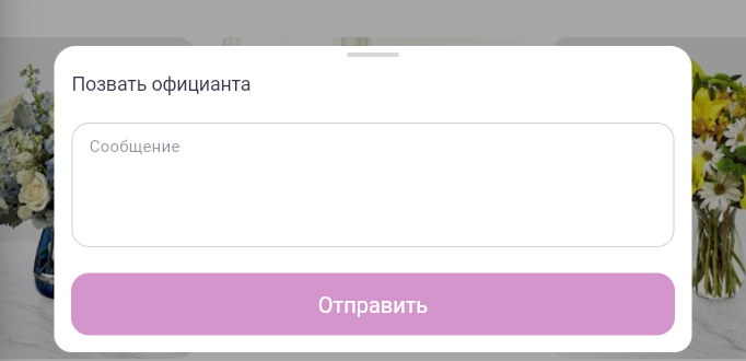 Окно отправки сообщения при нажатии кнопки "Вызов официанта"